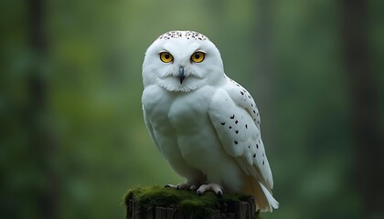 Obraz premium Snowy Owl Portrait on Mossy Perch Looking Directly at Camera