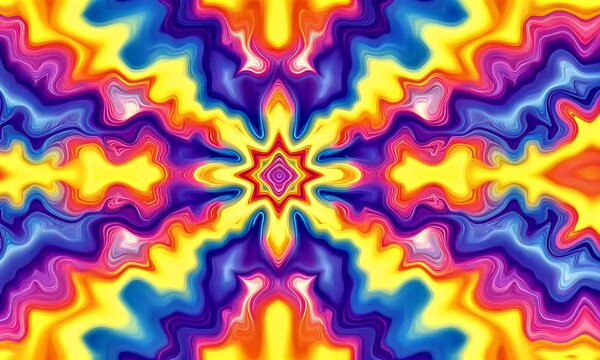 Abstract purple and yellow pattern emanating from a central point, creating a kaleidoscopic effect