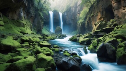 A rushing river flows through a rocky, mossy canyon.