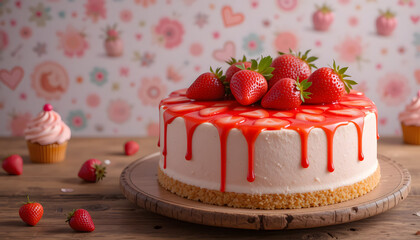 Strawberry Cake on Wooden Table with Pink Background