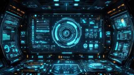 Fototapeta premium Futuristic spaceship bridge interior with glowing holographic displays and control panels