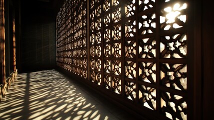 Obraz premium Abstract pattern of light and shadows through ornate wooden lattice panel