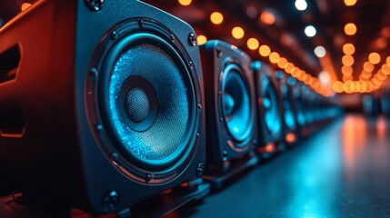 Sound systems create an electrifying atmosphere in a contemporary music venue filled with vibrant lights