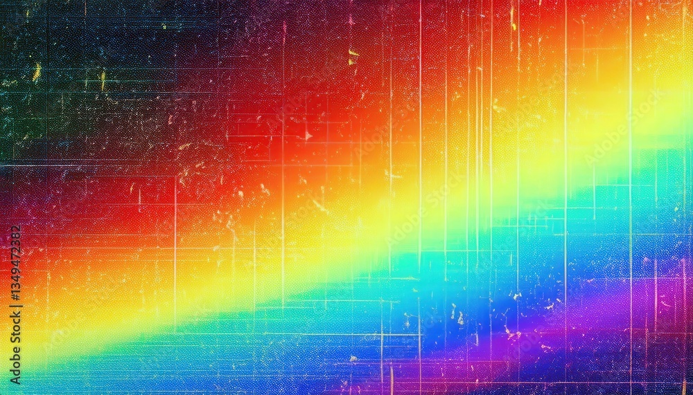 Poster vibrant abstract digital texture with rainbow gradient and geometric light streaks, perfect for mode