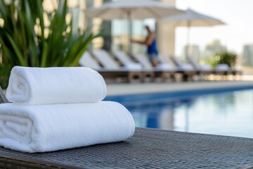 A serene poolside scene showcasing neatly stacked white towels, providing a perfect space for relaxation and leisure during sunny days. Ideal for spa or hotel promotions.