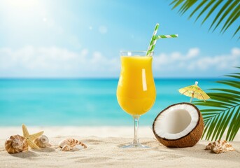 A refreshing tropical drink served in an elegant hurricane glass with a green and white striped straw sitting on a sandy beach