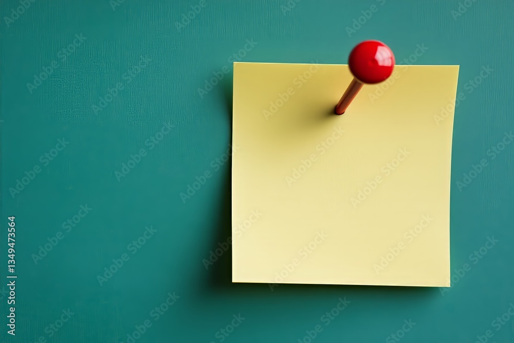 Wall mural yellow sticky post it note with red pushpin isolated on background