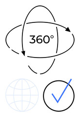 Centralized arrows encircling 360, a faint globe symbol, and a checkmark signify global awareness, complete understanding, verification, and success. Ideal for education, marketing, strategy data
