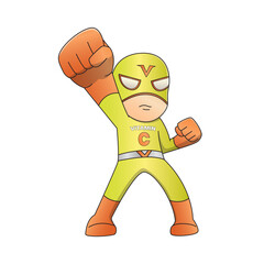 Vitamin C cartoon character wearing a super hero costume