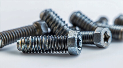 Close-up of a neatly arranged group of metallic screws on a clean white background