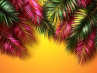 Vibrant tropical palm leaves on an orange background