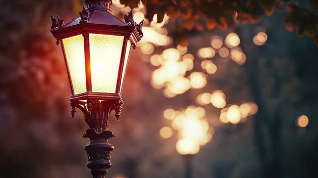 An old fashioned street light. A lantern with a blurred light on the background. A city building lit up with street lights. A vintage street lifestyle lamp.
