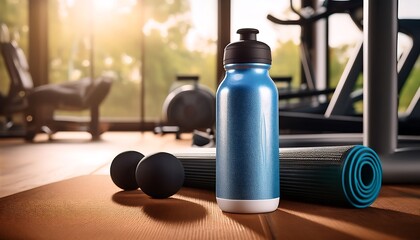 A reusable water bottle placed beside workout equipment.