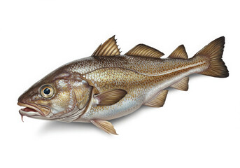A detailed illustration of a cod fish with brown and silver scales on a white background 
