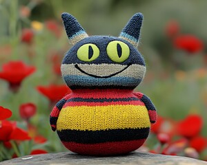 A colorful hand knitted toy cat with expressive features is shown