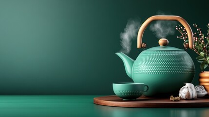 Steaming teal teapot & cup on wooden tray with herbs