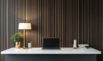 Modern workspace with laptop and lamp