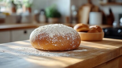 Freshly baked bread dusted with flour sits on a kitchen counter