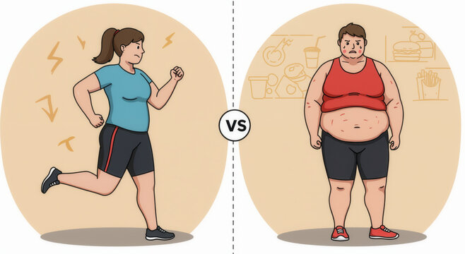 Comparison of woman exercising versus overweight man with fast food background. Health education concept for nutritional awareness campaigns and fitness motivation