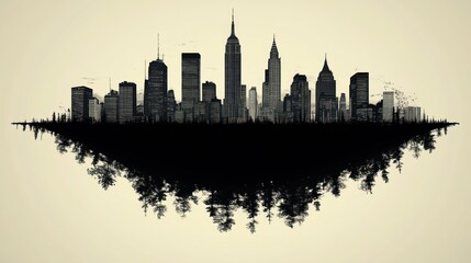 Obraz premium A black and white image showing city over a forest