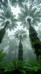 Majestic palms shrouded in mist, ferns below. Lush, green rainforest