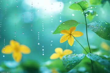 雨上がりの花、雫と光の幻想的な風景