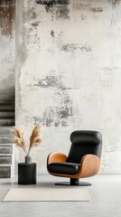 Modern black leather armchair with wooden accents, sits on a rug against a textured wall, next to a small side table with pampas grass
