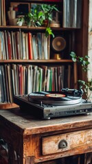 Fototapeta premium Vintage turntable and vinyl records in cozy library setting
