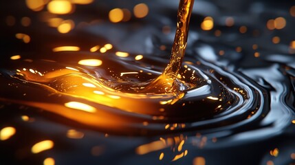 Golden liquid pouring, ripples, dark background, industrial use