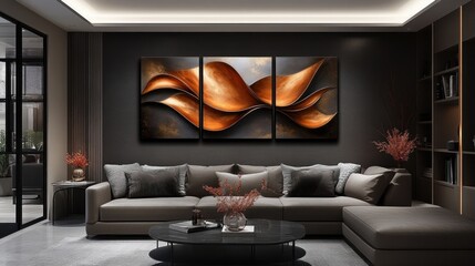 Elegant three-panel abstract art with flowing metallic gold and dark bronze hues adorns a modern living room wall