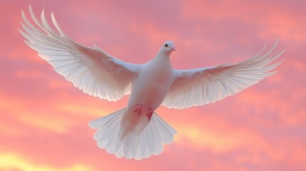 Fototapeta premium White dove in flight, sunset sky