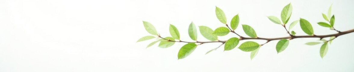 Fototapeta premium Long, slender branch with delicate leaves against white, foliage, leafy, branches