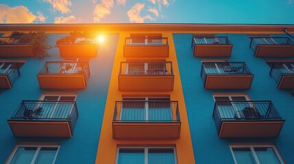 Colorful apartment building with numerous balconies at sunset