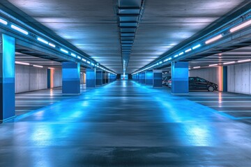 Modern, brightly lit underground parking garage with parked cars, showcasing sleek architecture and design.