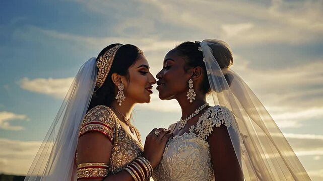 Brides embracing at sunset, dressed in intricate wedding gowns, softly touching noses in a moment of deep love.
