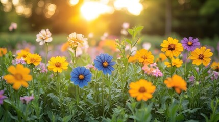 Obraz premium Vibrant wildflowers bathed in golden sunset light