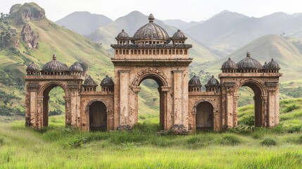 Fototapeta premium Ancient archway, hills, meadow, serene background, travel