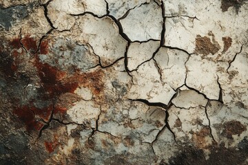 Dry cracked earth with rust and grey stains, showing texture and aridity.