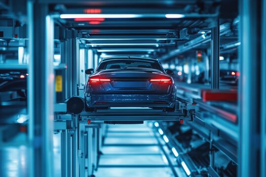 A blue car is being lifted by an automated parking system in a modern, futuristic garage.