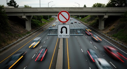 Blurred Cars Driving on Highway with No U-turn Regulation Sign