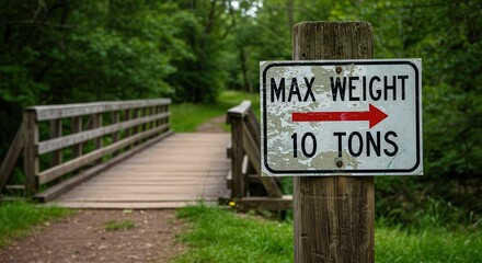 Weight Limit Sign on Bridge at Forest Path with Greenery