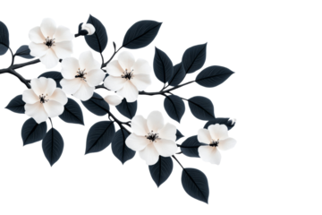 White blossom branch on black background art illustration, cut out transparent