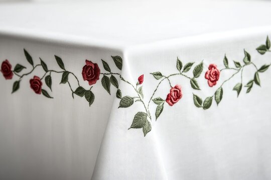 Elegant white tablecloth with embroidered rose vines, delicate and beautiful.