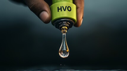 HVO fuel drop with hand, and closeup.