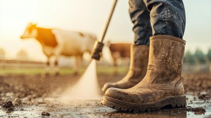 A farmer in muddy boots works in the field, using a pressure washer near cows.