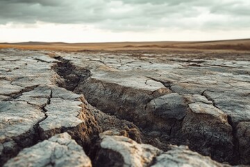 Fototapeta premium Dry cracked earth under a cloudy sky, showing the effects of drought and desertification.