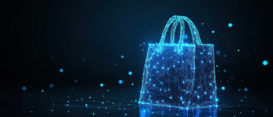 A futuristic digital shopping bag lit up in glowing blue