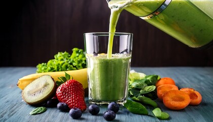 A smoothie being poured into a glass with fresh ingredients beside it.