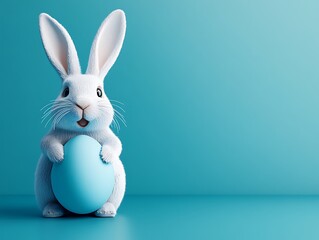 Obraz premium A fluffy white rabbit holding a large blue painted egg