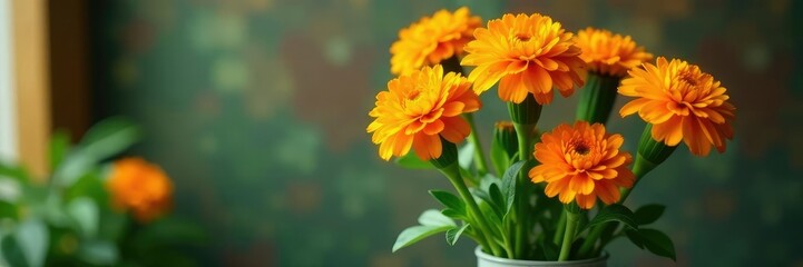 Orange marigold flowers in a vase with greenery, colorful, greenery